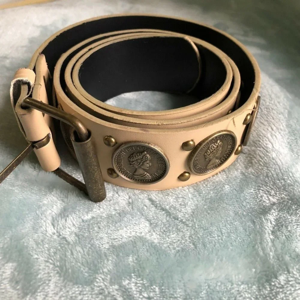 Vintage Women's Belt with Coins Queen Elizabeth Disc Faux Leather